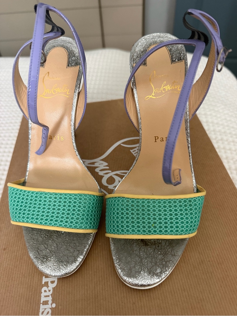 Christian Louboutin Opal, Yellow & Purple Mesh Strap Slingback Sandals